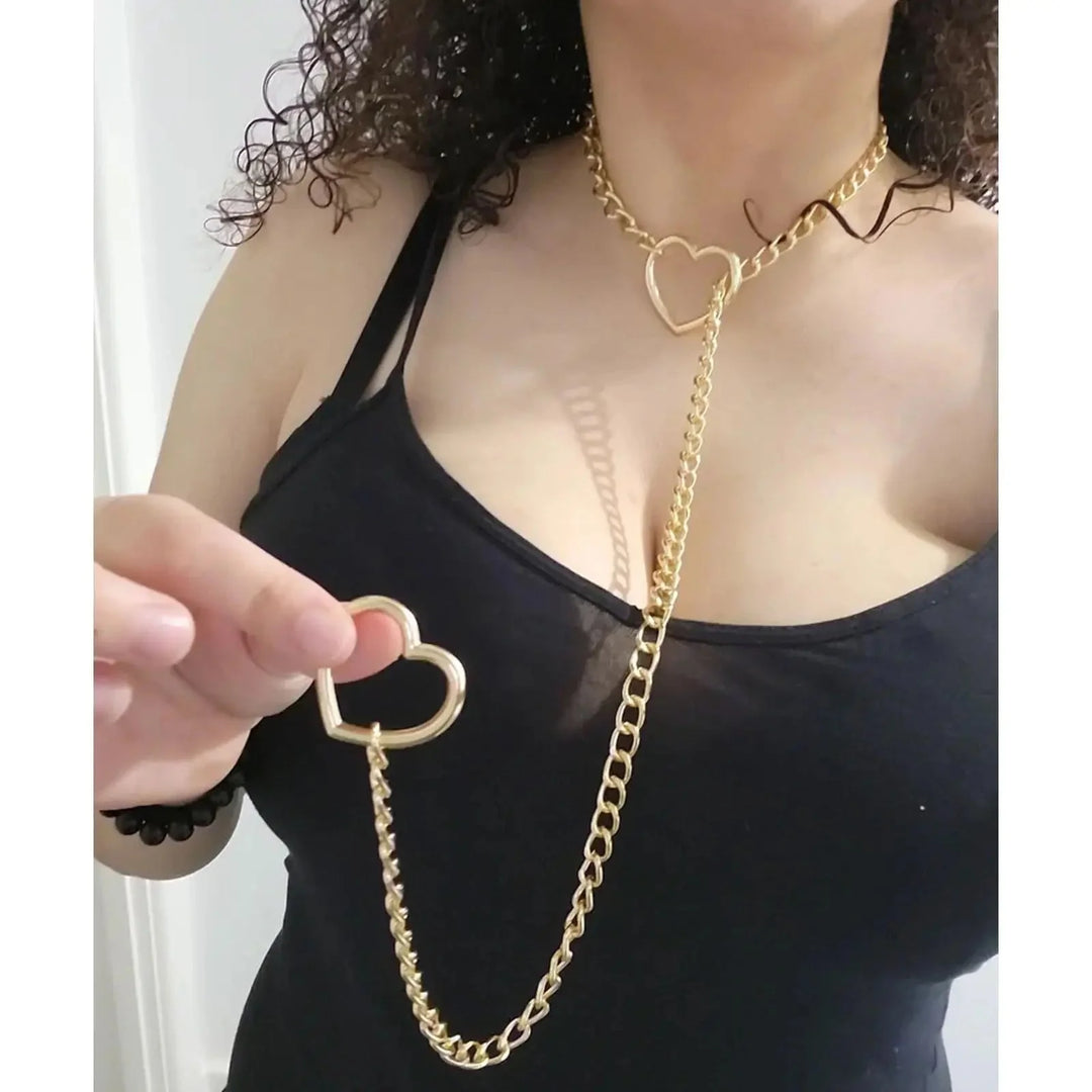 Adjustable Heart O-Ring Punk Rock Cuban Chain Necklace – Lariat Y-Style Necklace with Key &amp; Heart Lock Pendant